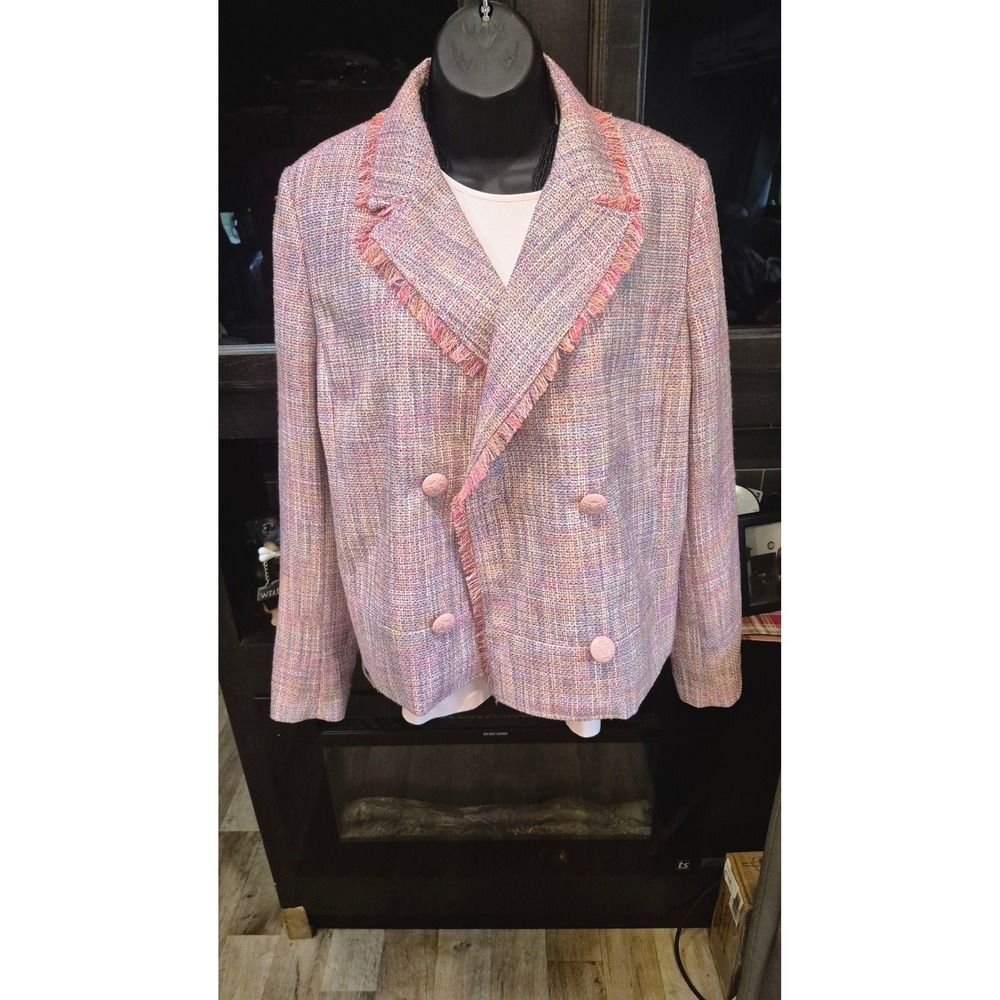 Tweed Fringe Blazer & Pink Tank Set‎ Chic Workwear Outfit Multicolor Jacket 12 - Picture 3 of 17